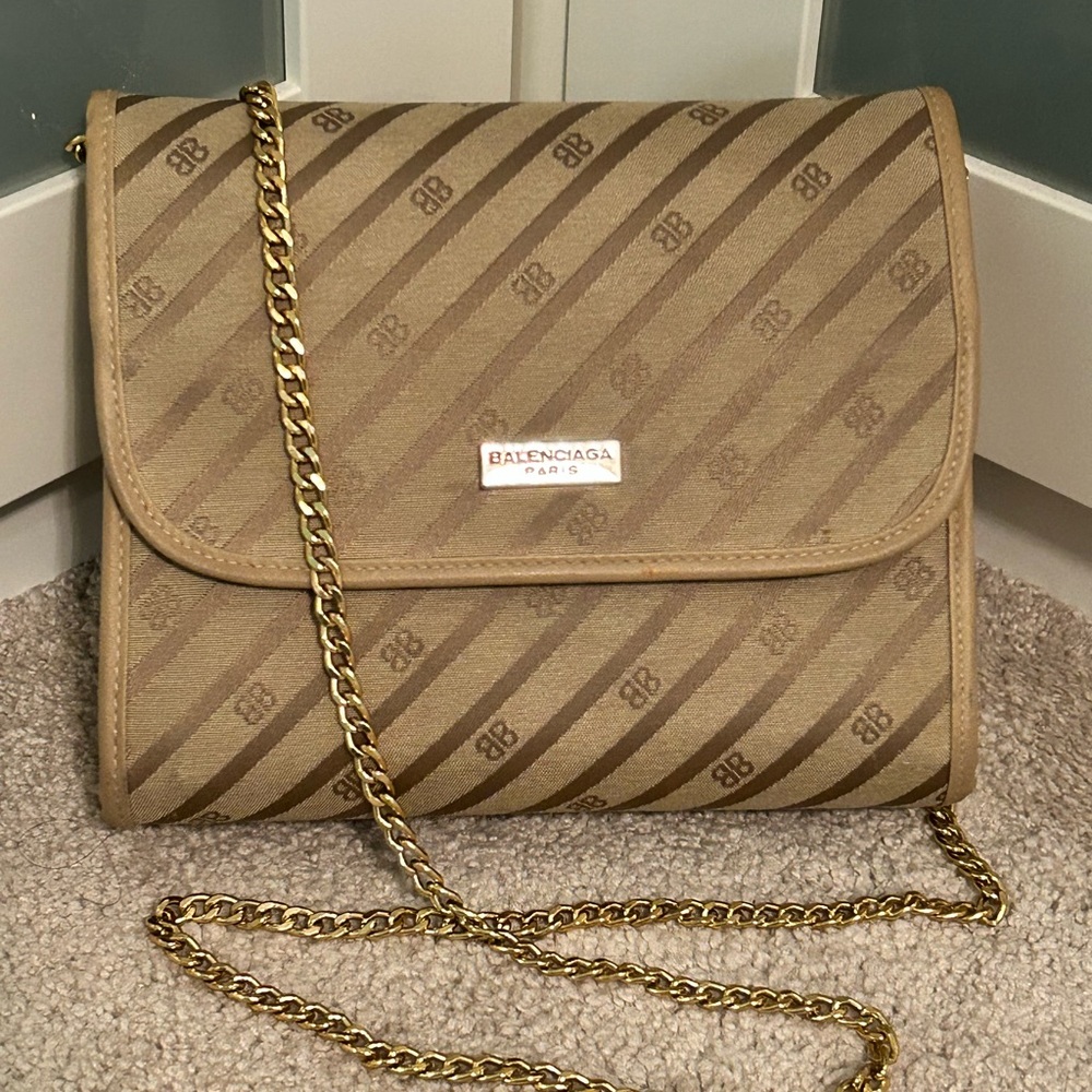 Balenciaga Fabric Vintage Shoulder Crossbody Flap Bag Beige Leather Authentic